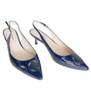 L.K. Bennett Shoe Sling Back Kitten Heel Cut Out Pointed Toe Navy Blue Chic 38.5
